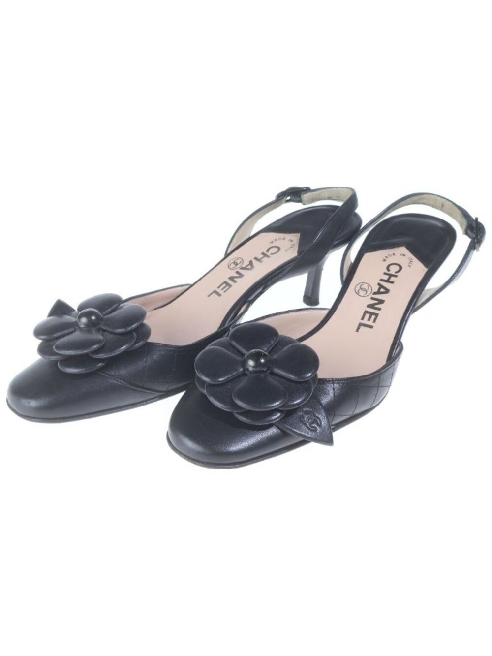 Chanel Camellia CC Logo Leather Slingback Pumps Shoes Black